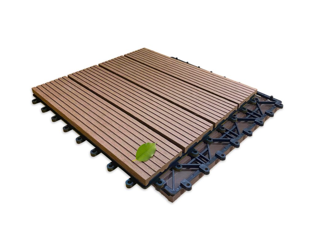 WPC deck tiles arranged on an outdoor deck, showcasing a durable and stylish wood-look surface.